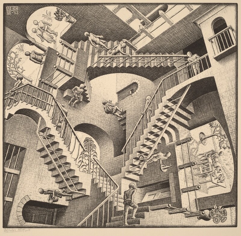 Escher’s Relativity depicts an impossible architectural world where people move through different gravitational planes simultaneously. What first appears chaotic slowly reveals an intricate underlying order.